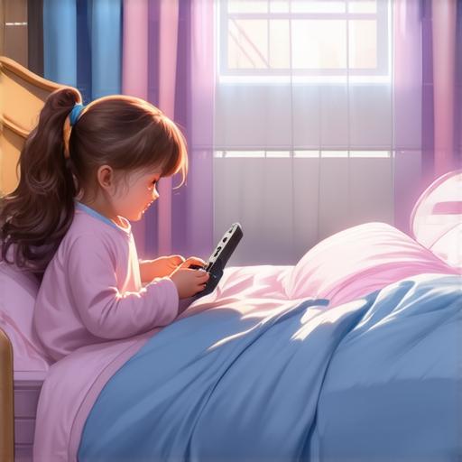 Little girl playing video game in bed run and turns off the light when she hears her dad walking