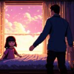 Little girl playing video game in bed run and turns off the light when she hears her dad walking